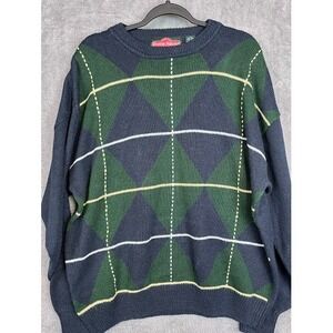 Stone Haven Mens Argyle Sweater XL Blue Green Cream Classic Crewneck